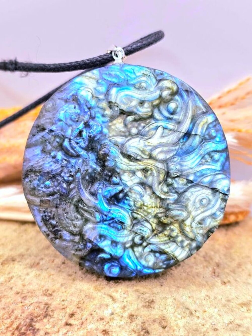 Labradorite Five‑Dragon Carved Pendant • Flashy Crystal Necklace • 2" Statement